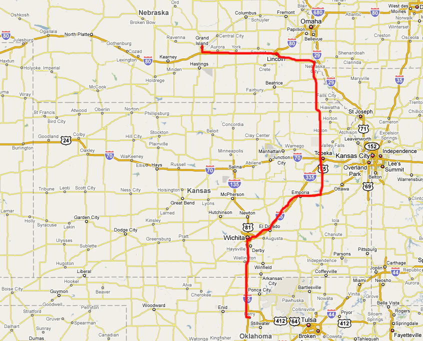 Route from Grand Island, Nebraska to Perry, Oklahoma