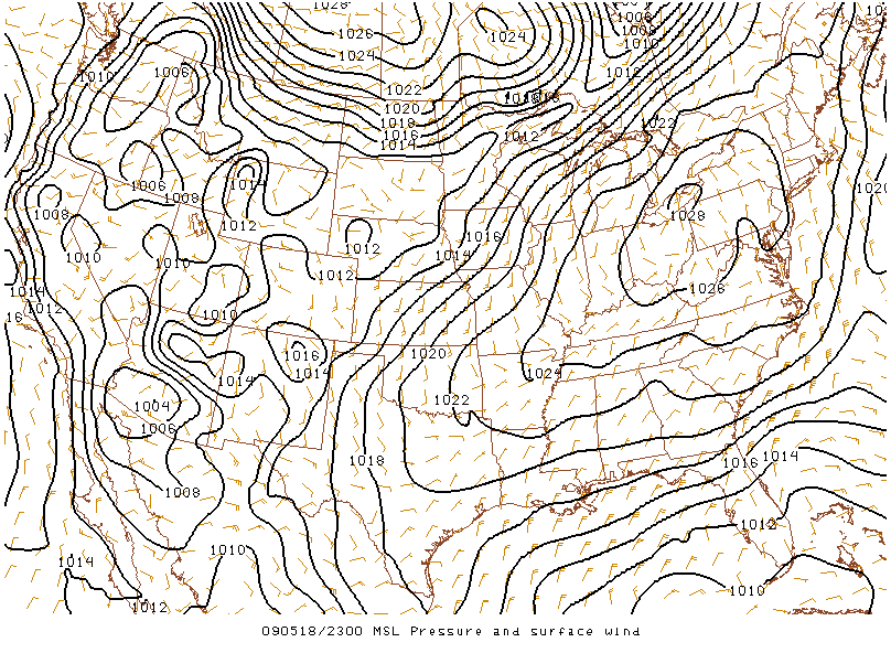 MSL Pressure and Surface Wind on 18 may 2009 at 23:00 UTC