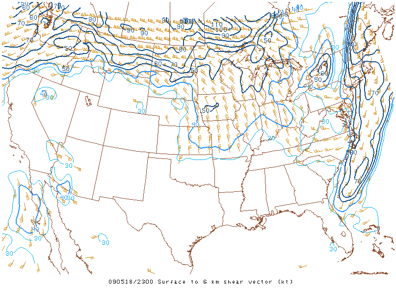 Surface to 6km shear vector on 18 may 2009 at 23:00 UTC