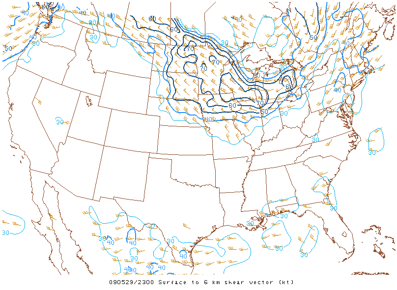 Surface to 6km shear vector on 29 may 2009 at 23:00 UTC