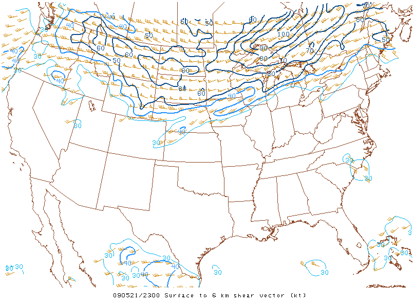 Surface to 6km shear vector on 21 may 2009 at 23:00 UTC
