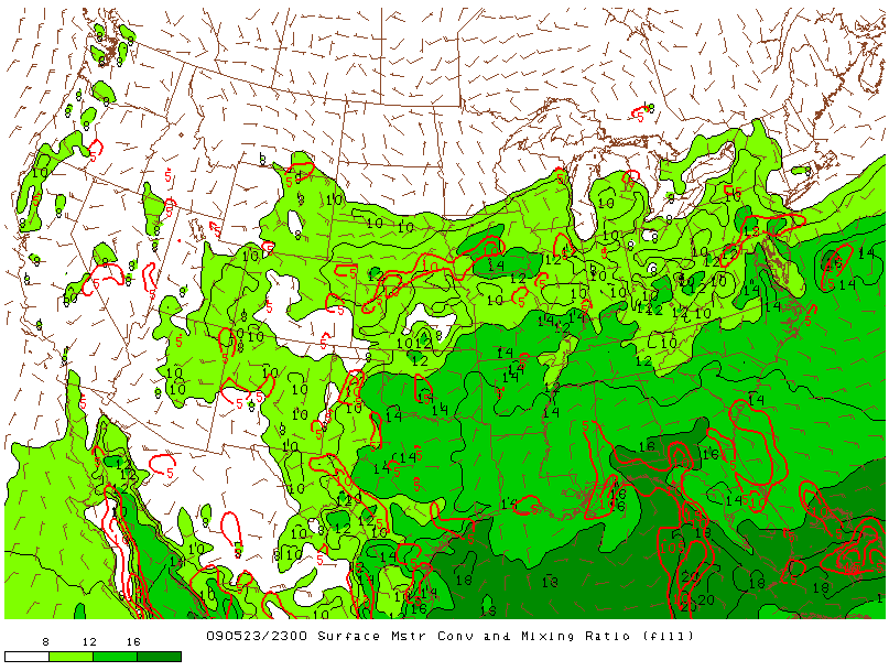 Surface Moisture and Mixing Ratio on 23 may 2009 at 23:00 UTC