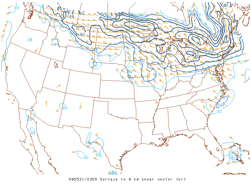 Surface to 6km shear vector on 31 may 2009 at 23:00 UTC